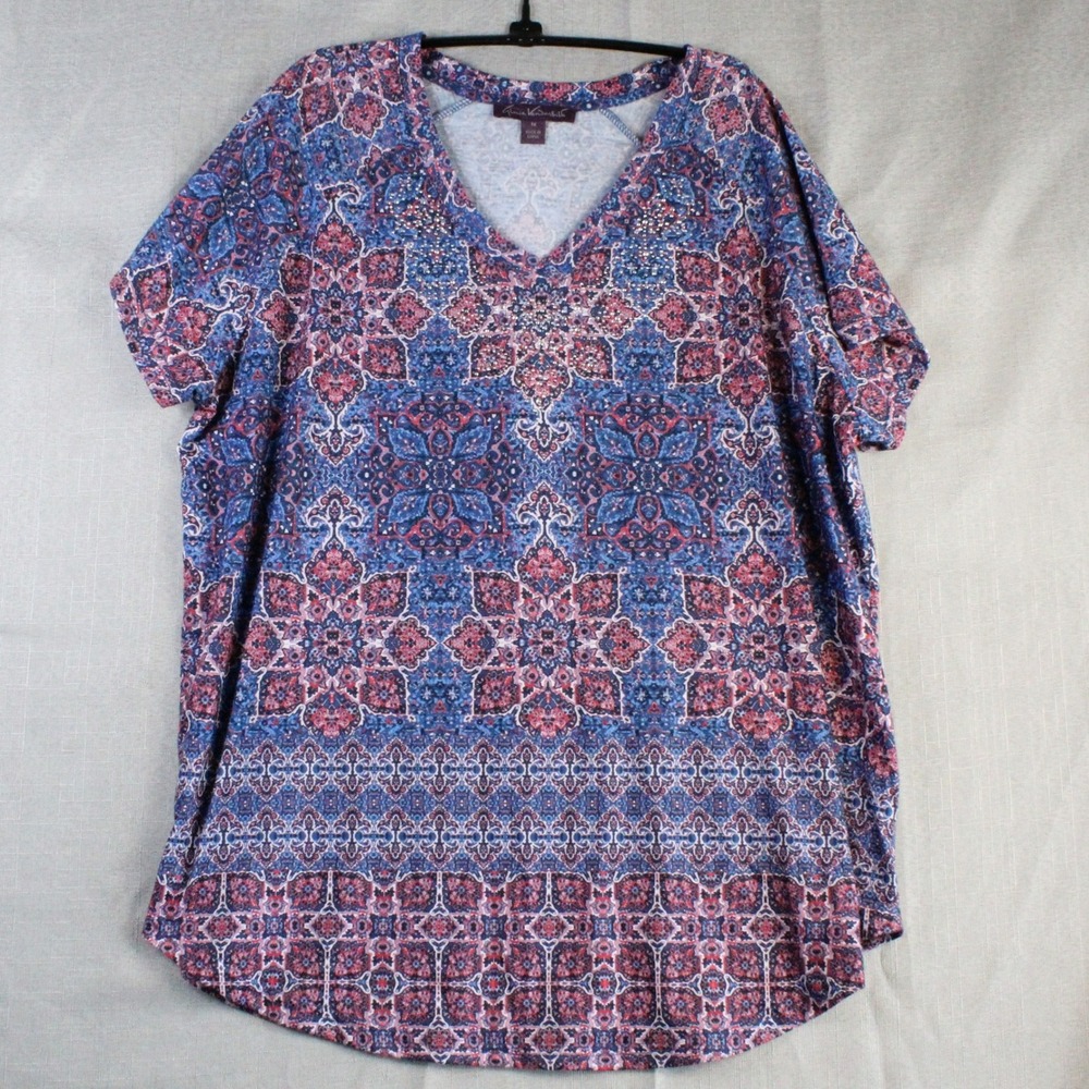 Gloria Vanderbilt Millie Top 1X Blue Mandala Boho Rhinestone Coastal Grandma